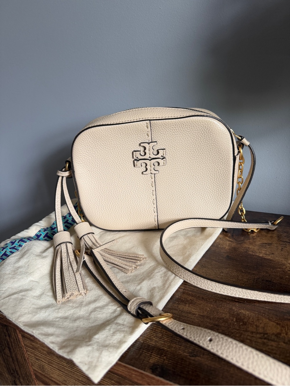 Tory Burch Cream Pebbled Leather Crossbody with Tassel